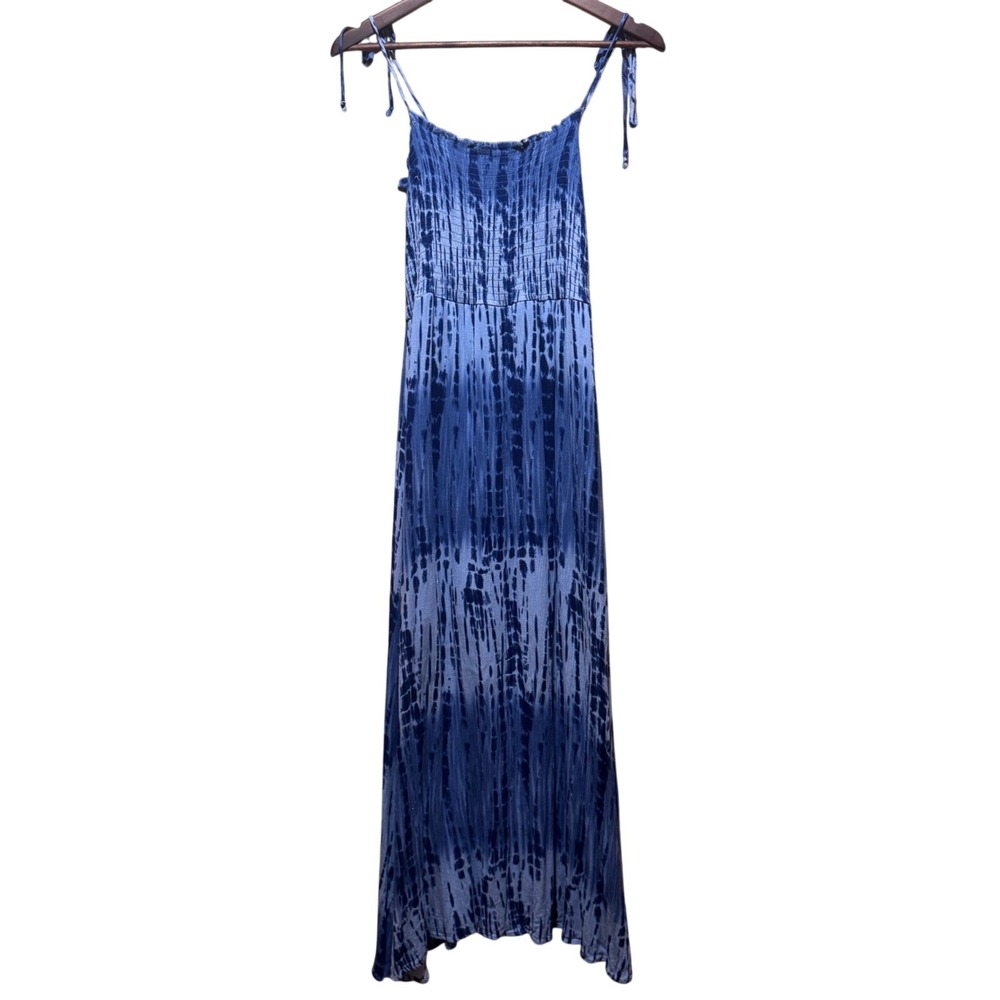 Blue Rain Blue & White Tie Dye Maxi‎ Dress Smocked Bodice Sundress Size Medium